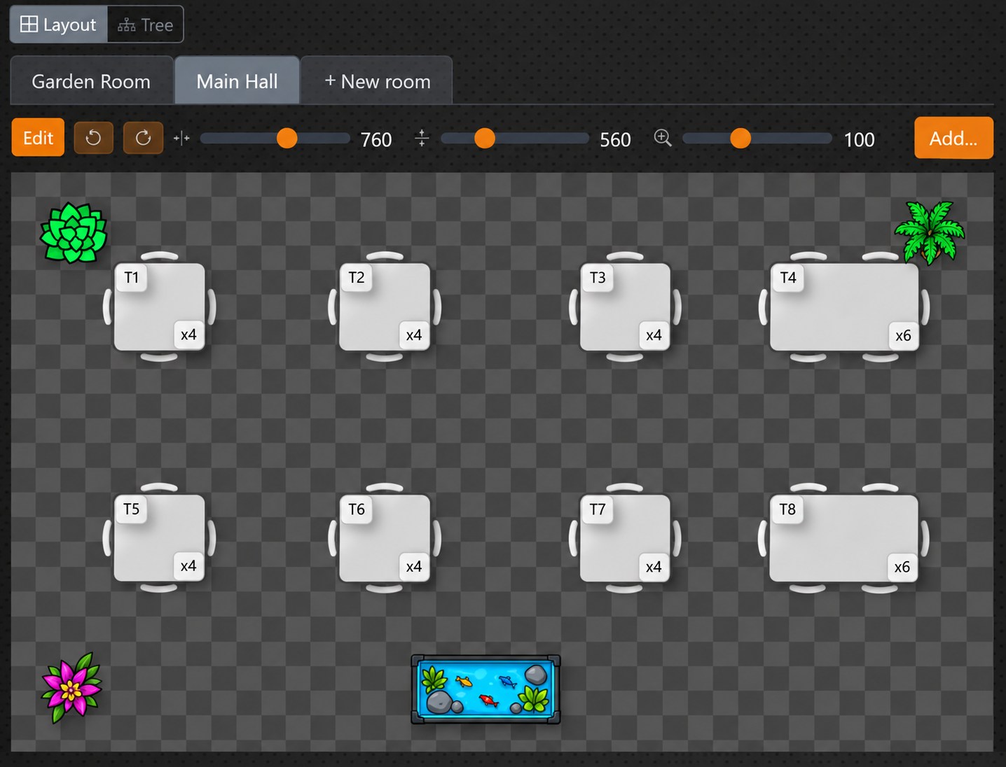 Interactive restaurant floor plan editor in tablepass